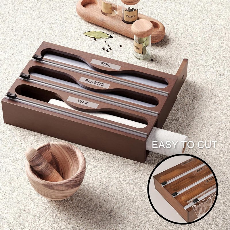Danfoxer Wrap Dispenser with Cutter and Labels, Plastic Wrap Organizer For Kitchen,Bamboo 3-in-1 Wrap Dispensers for Cling Wrap Aluminum Foil and Wax,Storage Organization Holder（Brown） - Image 3